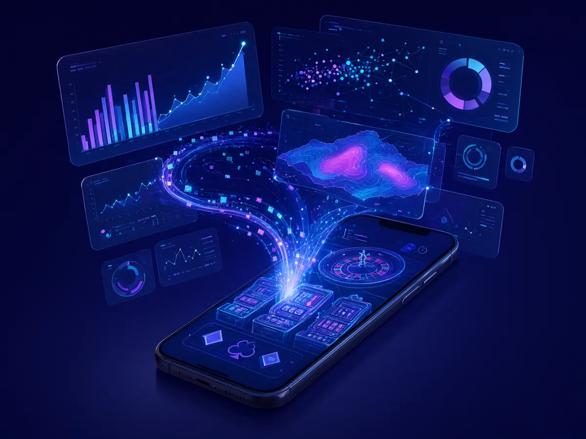 Illustration of casino app data flowing into an analytics dashboard representing player profiling